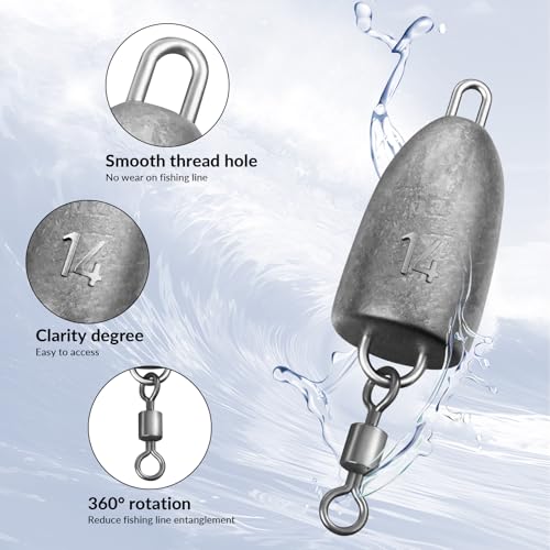 THKFISH Fishing Weights Sinkers, Bullet Fishing Sinkers with Swivel Rolling Slip Sinkers Sliding Weights for Bass Fishing Pitching and Flipping Texas Rigs Saltwater Freshwater Fishing, 3.5g-20g - size: mix-61pcs