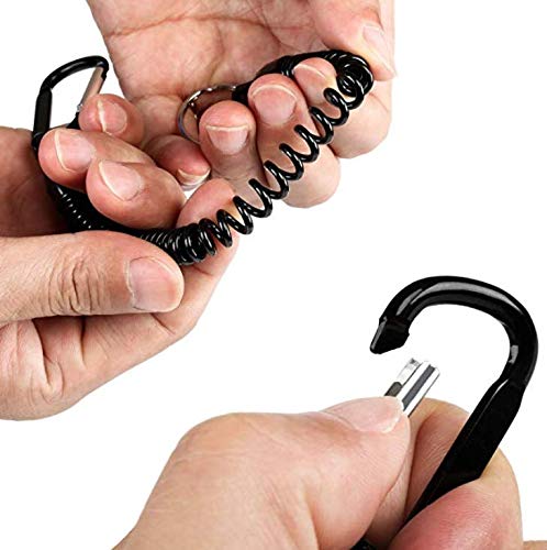 Pack of 6 Black Coiled Fishing Lanyard with Carabiner Fishing Ropes Secure Pliers Lip Grips Tackle Fish Tools