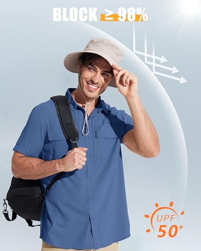 MAGCOMSEN Men's Fishing Shirts UPF 50+ Short Sleeve Sun Protection Shirts Quick Dry Cooling Button Down Shirt Hiking Safari - color: Blue Grey, size: Small