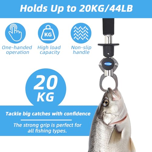 Fish Gripper with Scale – 33 lb Stainless Steel Fish Lip Gripper, EVA No-Slip Handle, Quick-Release Fish Lip Clamp, Adjustable Wrist Lanyard for Kayak, Boat & Bank Fishing
