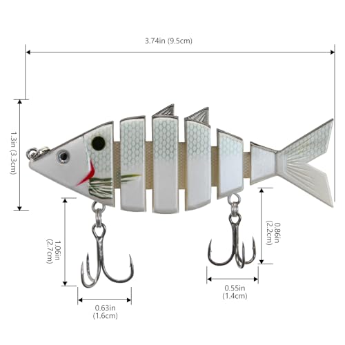 BASSDASH Bone Swimbait Multi Jointed Hard Fishing Lure for Bass Trout Bluegill Pike with Angled Cut Segments - color: White Shad