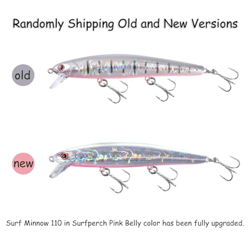 LITTMA California Surf Fishing Lures Saltwater Jerkbait Crankbait Surf Minnow 110/125 - Metallic Sardine Super Glow & Pearl Pink Belly Glow Lures for Halibut & Striper Fishing - color: Surfperch Pink Belly (UV), size: 110mm - 5/8oz