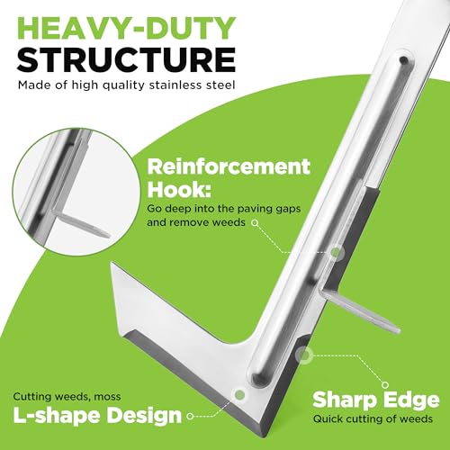 WORKPRO Crack Weeder, 12" Stainless Steel Crevice Weeding Tool Weeder Tool | Beech Wood Handle, L-Shaped Side-Walk Weed Puller Spatula, for Garden Lawn Yard Patio Terrace Paving Moss