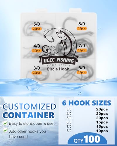 UCEC Circle Hooks Fishing Hooks 2X Strong Offset Circle Hooks Saltwater Black High Carbon Steel Octopus Catfish Hooks Fishing Gear Tackle 150pcs/ 240pcs - Size:#1 1/0 2/0 3/0 4/0 5/0 6/0 8/0 - color: Silver Assortment, size: 100pcs,3/0 4/0 5/0 6/0 7/0 8/0