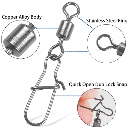 Fishing Snap Swivels Rolling Barrel Swivels with Safety Snaps High Strength Copper and Stainless Steel, Black Nickel Coated Quick Connect Swivel Snap Fishing Tackle - color: 55pcs(2,4,5,6,8,10#)