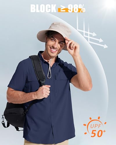MAGCOMSEN Men's Fishing Shirts UPF 50+ Short Sleeve Sun Protection Shirts Quick Dry Cooling Button Down Shirt Hiking Safari - color: Navy, size: Medium