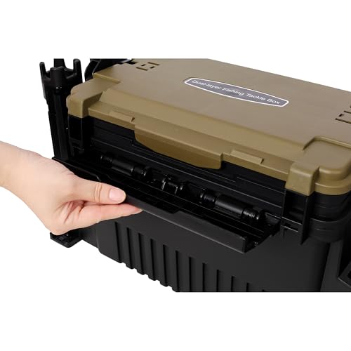 Dual-layer Fishing Tackle Box, Tackle Box Organizer Fishing Box Large, Plastic Portable Tackle Storage Box with 2pcs Rod Holder, 2pcs Cup Holder, 1pc Carring Strap - color: Army Green