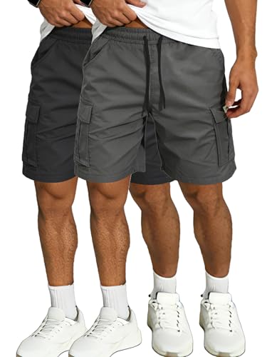 Hidkat Men's Lightweight Cargo Shorts with Drawstring-Breathable,Comfy Casual Outdoor Shorts for Hiking Gym Workout - color: 2 Pcs Black+gray, size: 3X-Large