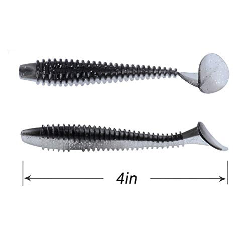 RUNCL Swimbaits Paddle 10/20/30/40PCS, 5/4/3/2 Inchs Paddle Tail, Soft Lure for Trout Crappie Bass, Durable Plastic Bait Swimmer for Saltwater/Freshwater, Fishing Lover's Gift - color: Black Silver, size: 4in, 20pcs