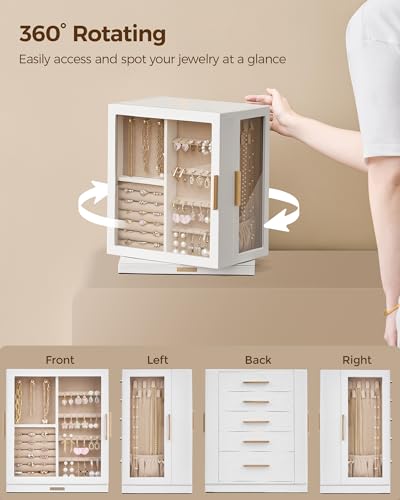 Glimmloop 360° Rotating Jewelry Box with 5 Drawers, Spacious Vertical Jewelry Organizer with Glass Window, Jewelry Storage Case, Dustproof & Moisture-resistant Design, White - color: White, size: 5 Drawers (6.2"D x 9.2"W x 11.4"H)