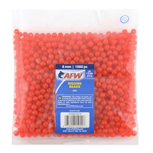 AFW Rigging Round Beads – 6mm & 8mm Acrylic Fishing Beads for Saltwater & Freshwater Rigs, Luminescent Green & Red Beads for Bottom Rigs, Catfishing & Fishing Line Beads - color: Red, size: 8mm - 1000 pc