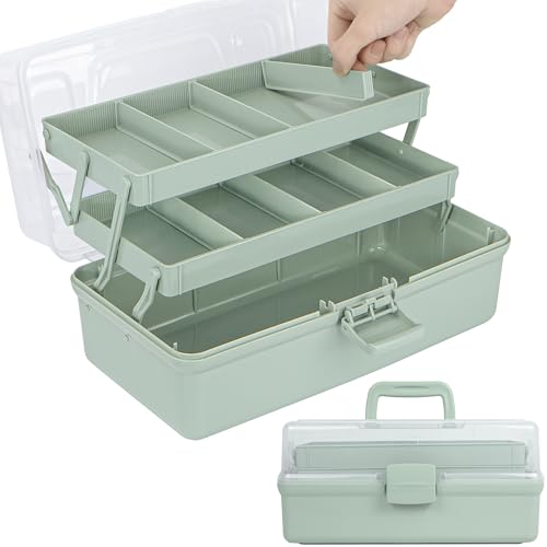 TERGOO 12.5in 3-Layer Multipurpose Craft Organizers and Storage with Adjustable Dividers, Portable Tackle Box, Folding Art & Craft Case for Medicine, Tool, Sewing Organizer (Haze Green) - color: Haze Green, size: Large