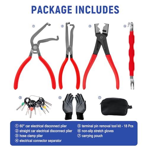 7 Pcs Electrical Disconnect Pliers for Cars 37960 37980, Connector Separator 13120 & Hose Clamp Pliers with Terminal Removal Tools, Work Gloves & Tool Bag - for Automotive Electrical Connector