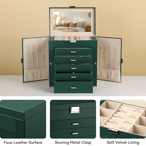 Frebeauty Large Jewelry Box,6-Tier PU Leather Jewelry Organizer,Multi-functional Storage Case with Mirror,Accessories Holder with 5 Drawers for Necklace Bracelets Watches(Blackish Green) - color: Blackish Green, size: Large