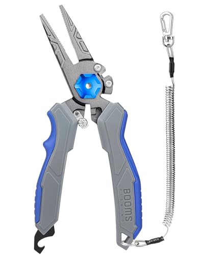 Booms Fishing Pliers Hook Remover: 8.1" Angled Carbon Steel Fish Pliers for Saltwater - Fishing Line Cutter with Lanyard - Braided Cutters & Crimper with Safety Lock, Multi-Function Gear for Men, F09 - style: 8.1" fishing pliers