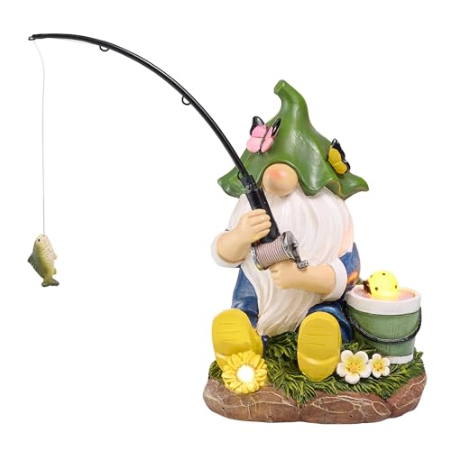 TERESA'S COLLECTIONS Resin Outdoor Statues with Solar Outdoor Lights for Garden Decor, Funny Garden Gnome Fishing Decorations for Outside Yard Porch Patio Lawn, Ideal Gift for Women and Man 7.2" - size: Medium