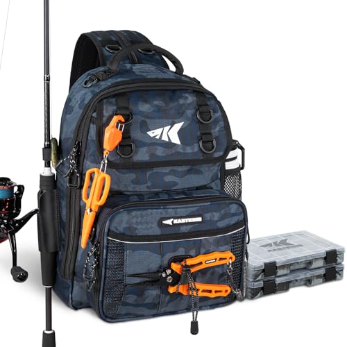 KastKing BaitSpace Fishing Sling Bag, Fishing Backpack with Rod & Beverage Holder, Tackle Bag for Fishing Gear - color: F: Blue Camo - with (2) 3600 tackle boxes, size: Large