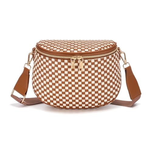 Woven Vegan leather Crossbody Bags For Women, Checkered Fashion PU Bum Bag Waist Pack, Travel Sling Purse with Adjustable Strap（Brown and White) - color: Brown and White