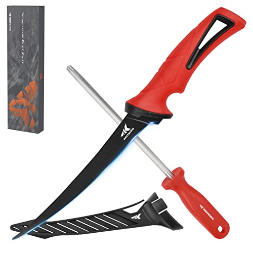 KastKing Intimidator Fillet Knife with Sharpening Steel, Ultra-Sharp G4116 German Stainless-Steel Blades, Non-Slip Handle, Protective Sheath, 7'' Fillet Knife and Honing Rod - color: 7'' Fillet Knife and Sharpening Steel