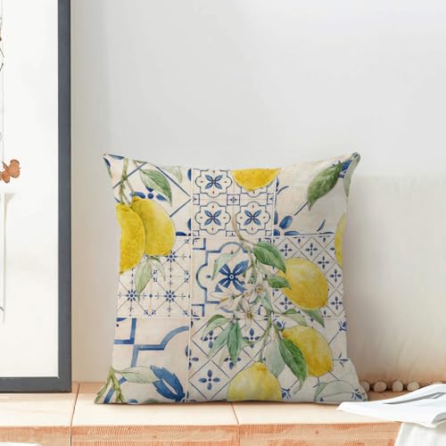 Summer Floral Pillow Covers 18x18 Set of 2, Blue and Vintage Botanical Yellow Lemon Flower Decorative Throw Pillows Farmhouse Linen Seasonal Outdoor Cushion Case for Home Couch Sofa Decor - color: Blue Yellow Lemon, size: 18" x 18" (Pack of 1)