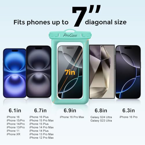 ProCase 2 Pack Floating Waterproof Phone Pouch IPX8, Universal Dry Bag Fits iPhone 17/16/15/14/13 Series, Galaxy S24/S23/S22, Pixel 8/7 (Up to 7”),Touchscreen,Underwater & Snow Protection-Bluegreen - color: Blue/Green