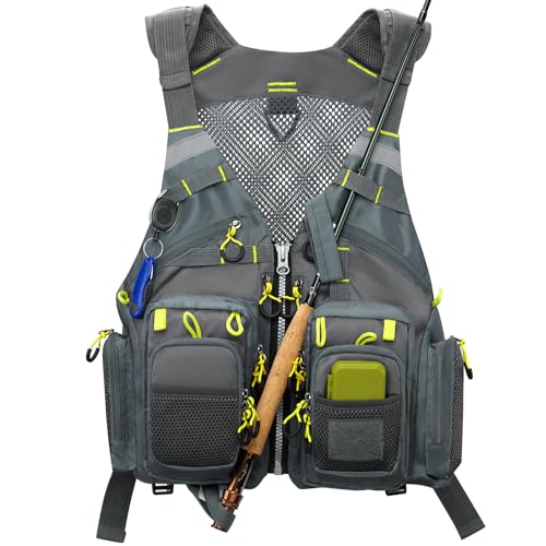 Gonex Fly Fishing Vest for Men Women, Comfortable Adjustable Fishing Vest with Multi-Pockets Reflective Stripes - color: Gray+yellow