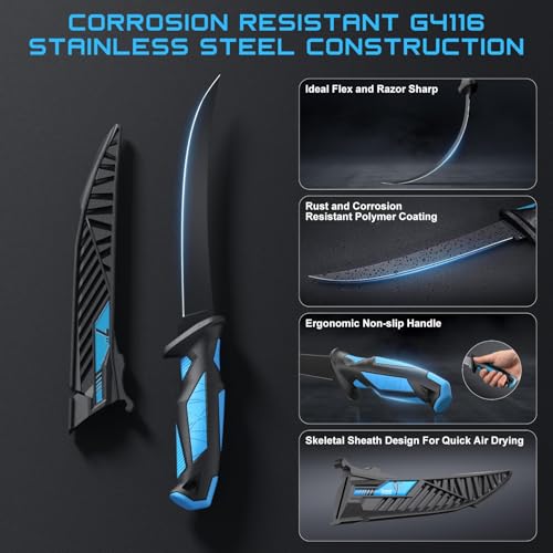 Fillet Knife Kit Combo, Fishing Knives and Honing Rod, Ultra-Sharp G4116 German Stainless Steel, Non-Slip Handle, Durable Storage Bag, Fishing Gifts for Men - color: Blue-8Pcs