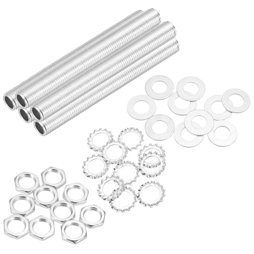 MECCANIXITY 35Pcs 3.9" Lamp Pipe Nipples Kit with Hex Nuts Washers, 1/4IP All Threaded 1/2" Outer Diameter Lamp Rod Hollow Tube Fasteners for Lamp Assembly Chandelier DIY Repair, Silver - size: 3.9"x1/4IP