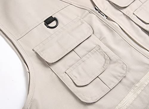 Men’s Fishing Vest Summer Outdoor Work Safari Travel Photo Vest with Multi Pockets - color: Beige, size: Medium