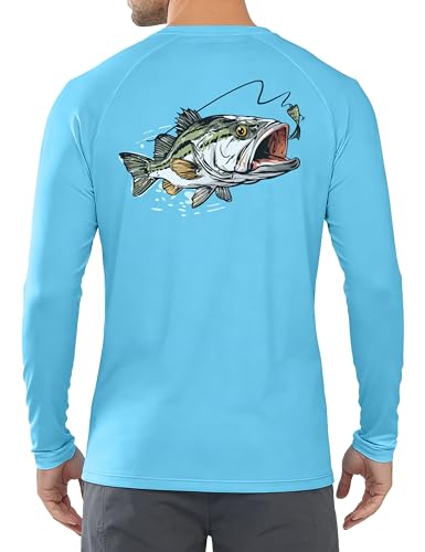 Men's UPF 50+ Sun Fishing Shirt, Long Sleeve UV Protection Tee, Quick Dry Rash Guard for Outdoor Swim Hiking - color: Medium Blue (Largemouth Bass), size: XX-Large