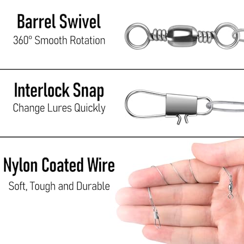 Alwonder 50-Pack Fishing Leaders, Fish Line Stainless Steel Wire with Swivels Snap, High-Strength 30LB Hi-Low Rig Fishing Wire Leader Fishing Tackle Gear Connector for Lures Baits Rigs Hooks - color: Silver, size: 8IN