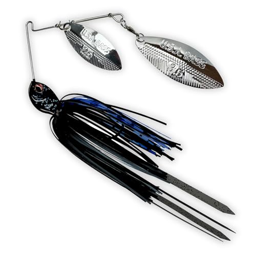 USA BASS Tackle Apache Attack Spinnerbait Type II Largemouth Smallmouth Spotted Bass Premium Fishing Bait Handtied Skirt Custom Blades Heavy Duty Hook New for 2025 - color: Black & Blue, size: 1/2oz - Willow/Willow