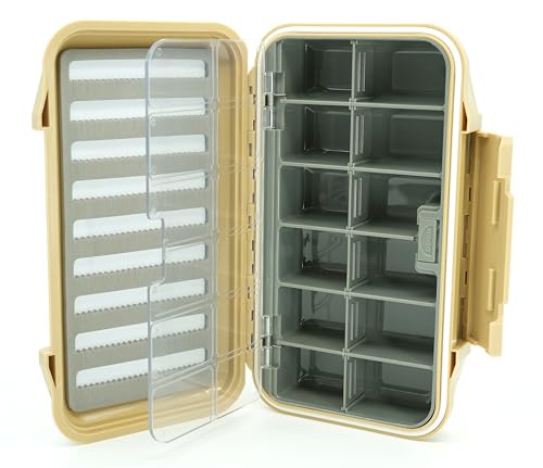 Kingfisher Large Waterproof 12 Compartment and Foam Fly Fishing Box - color: Tan