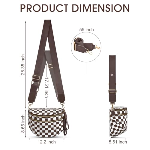 Checkered Nylon Crossbody Bag Bum Bag for Women Mom Large Checkered Fanny Packs with Adjustable Strap - color: Brown Checkered
