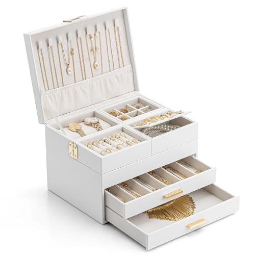VLANDO 4 Layers Jewelry Box - Women Jewelry Box with Retractable Tray - Jewelry Organizer with Drawer for Necklaces, Rings, Bracelets, Earrings, Gift for Couples Mom Girls - White - color: D.White, size: 4-Layer