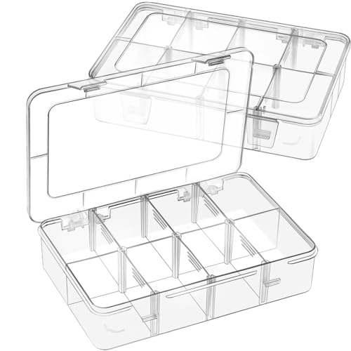 2 Pack 8 Grids Bead Organizer and Storage, Plastic Organizer Box with Removable Dividers and Labels for Jewelry Crafts Small Parts Electronics Tackle Boxes (2)