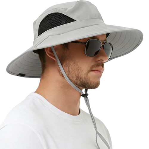 Wide Brim Sun Bucket Hat, Waterproof Boonie Hat for Men & Women | UPF 50+ UV Protection, Adjustable Fit, Chin Strap & Sweatband, Foldable Durable for Fishing Hiking Garden Beach - color: 01 Light Grey