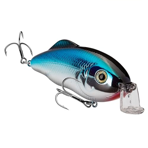 Strike King Hybrid Hunter Shallow Jr. Fishing Lure, Shallow Diving Crankbait, 90-Degree Bill, 3D Eyes, Loud Rattle, Dives 1 to 3-Feet,Size 4 & 6 Treble Hooks - color: Chrome Blue, size: 1 oz