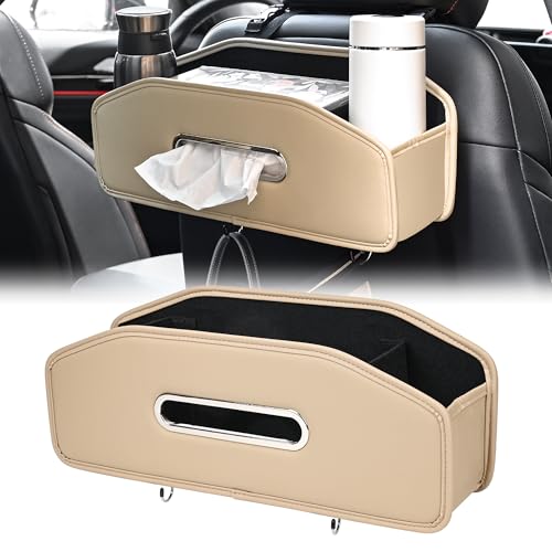 JEYODA Car Seat Back Organizer with 2 Drink Cup Holder,Car Tissue Holder and Storage Box Hook, 3 in 1 Multifunctional Storage for Food Drink Phone, Travel Accessories (Beige) - color: beige