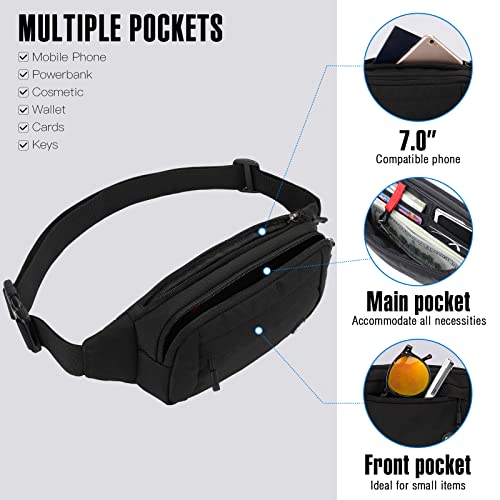 WATERFLY Fanny Pack Waist Bag: Small Hip Pouch Bum Bag Fannie Pack Phanny Fannypack Waistpack Bumbag Beltbag Sport Slim Fashionable for Jogging Hiking Hiker Woman Man - color: Pure Black