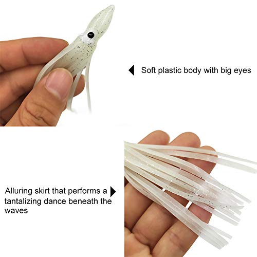 Squid Skirts Fishing Saltwater Glow Trolling Squid Swimbait Lures Luminous Octopus Skirts Soft Plastic Fishing Bait for Bass Salmon Trout 1.96in,3.54in,4.33in Pack of 20 - color: Glow, size: 3.54"
