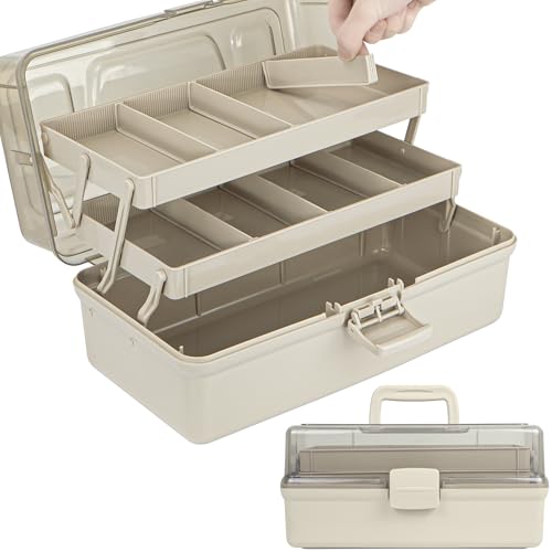 TERGOO 14in 3-Layer Multipurpose Craft Organizers and Storage with Adjustable Dividers, Portable Tackle Box, Folding Art & Craft Case for Medicine, Tool, Sewing Organizer (Brown, X-Large) - color: Brown, size: X-Large