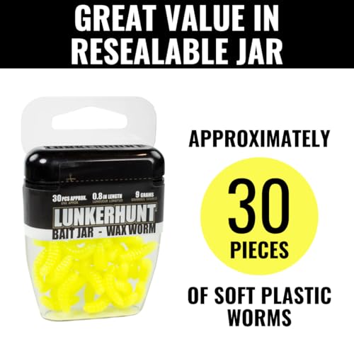 LUNKERHUNT Wax Worm for Fishing with Unique Bait Scent Attractant | 30-Piece Trout Bait Worm Jar | Durable and Realistic Soft Plastic Worms for Bass and Trout Fishing