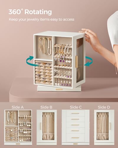 SONGMICS GISELLA Collection - Jewelry Box Organizer 360° Rotating, Vertical Jewelry Storage Case with 5 Drawers, Glass Window, Spacious, Open Design, Great Gift, Cloud White UJBC170W01 - color: Cloud White, size: 5 Drawers (6.3"d X 8.7"w X 11.2"h)