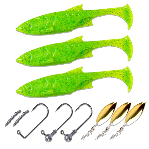 Paddle Tail Swimbaits Set, Ultra Soft PVC，Freshwater & Saltwater Ready, Includes Hooks, Weight & Spinnerbait Blades，Fishing Gear for Bass and Predator Fish - color: Green-Pumpkin