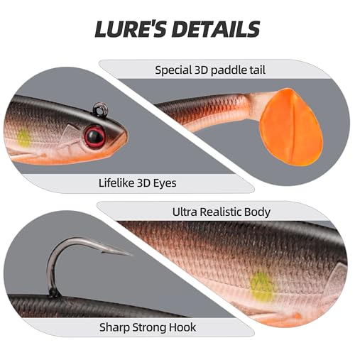 Pre-Rigged T-Tail Swimbait Lures, Soft Baits with Weighted Jig Head, Multiple Sizes & Colors for Bass, Trout, Crappie, Walleye, Freshwater & Saltwater Fishing