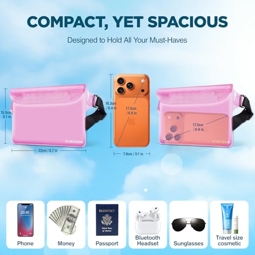 Waterproof Fanny Packs for Women, Sandproof Dry Bag for Beach, Water proof Pouch for Phone Passport Purse, Floating Waterproof Bags for Cruise Travel Water Park Boating Fishing Diving Surfing Kayaking - color: Pink & Clear
