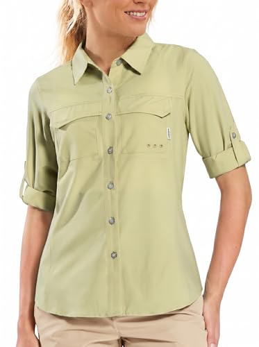 Haimont Women's UPF 50+ Long Sleeve Hiking Button Down Shirt | Quick-Dry, Mesh Back Vents, Roll-Up Tabs, Rod Holder, Lens Cloth, Camping & Travel - color: Khaki, size: Medium