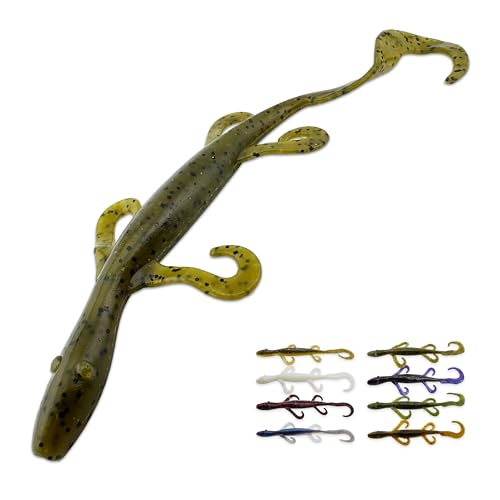 Wild Lizard Soft Plastic Lure, 5.5 Inch Scented Creature Bait for Bass Fishing, Active Legs & Tail, Dense Salt Body for Natural Sink, Ideal for Texas & Carolina Rig, 10-Pack - color: Green Pumpkin