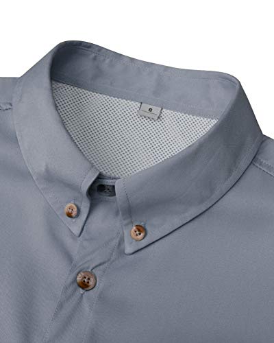 Alimens & Gentle Short Sleeve Fishing Shirt Wicking Fabric Sun Protection Casual Button Down Shirts - color: Grey, size: Large